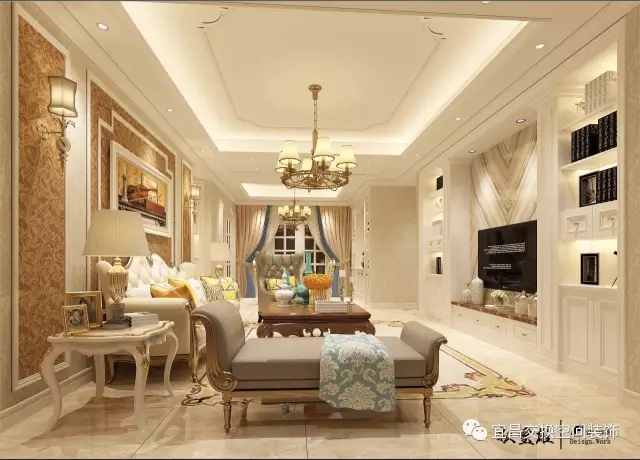 客廳以暖色調(diào)為基底，打造一個(gè)優(yōu)雅的歐式居家環(huán)境。整個(gè)客廳主要以米色為主，加以墻漆、角線的結(jié)合使整個(gè)墻面有層次感。配以舒適大氣的沙發(fā)和歐式壁燈，優(yōu)雅之感油然而生。
